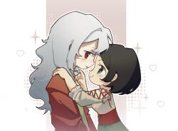 1boy 1girl albino black_hair blush chinese_commentary commentary_request couple eye_contact fata_morgana_no_yakata giselle_(fata_morgana_no_yakata) green_eyes hand_in_another&#039;s_hair hand_on_another&#039;s_shoulder heart hetero highres long_hair looking_at_another michel_bollinger parted_lips red_eyes short_hair smirk white_hair yuer6350
