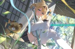 1girl absurdres aqua_eyes black_gloves black_hairband black_skirt blonde_hair blush closed_mouth commentary cowlick dated day feet_out_of_frame fingerless_gloves gloves gold_trim hair_ornament hairband haori happy_birthday highres holding holding_pinwheel hololive japanese_clothes kakeru_(kakekaker001) katana kazama_iroha kazama_iroha_(1st_costume) leaf_hair_ornament lens_flare looking_at_viewer medium_hair miniskirt outdoors pinwheel pleated_skirt pokobee porch scabbard sheath sheathed shouji sitting skirt sliding_doors smile solo sunlight sword tanuki thighhighs tree virtual_youtuber watermark weapon white_thighhighs yellow_haori