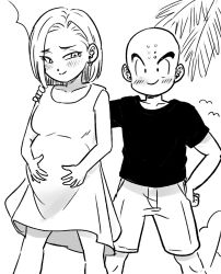 1boy 1girl android_18 bald bald_male black_eyes blush couple dragon_ball happy hug husband_and_wife kuririn pregnant smile
