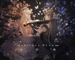 Rule 34 | 2girls, arcaea, black background, black dress, black hair, black thighhighs, black vs white, blue flower, bow, bow (music), bowtie, branch, bug, butterfly, closed eyes, commentary request, cowboy shot, dress, flower, frilled skirt, frills, from side, hat, head rest, highres, hikari (fantasia) (arcaea), holding, holding bow (music), holding instrument, holding violin, insect, instrument, long hair, mechari, multiple girls, music, pink flower, playing instrument, profile, red bow, red bowtie, red hat, scrunchie, shirt, short dress, skirt, sleeveless, sleeveless dress, sleeveless shirt, tairitsu (sonata) (arcaea), thighhighs, very long hair, violin, white butterfly, white hair, white shirt, white skirt, wrist scrunchie