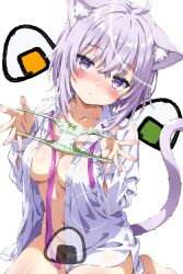 Rule 34 | 1girl, absurdres, animal ears, anime coloring, blush, breasts, cat ears, cat girl, cat tail, food, green panties, highres, holding, holding panties, holding underwear, holding unworn clothes, hololive, isakoro (hx9cj), large breasts, long sleeves, looking at viewer, medium hair, navel, nekomata okayu, onigiri, open clothes, open shirt, panties, presenting removed panties, purple eyes, purple hair, shirt, simple background, sitting, solo, stained panties, tail, underwear, virtual youtuber, wariza, white background, white shirt