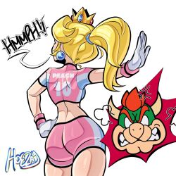 1boy 1girl anger_vein angry ass ass_focus back backboob blonde_hair bowser breasts bursting_breasts crown earrings female_focus from_behind from_below gloves hand_on_own_hip highres jewelry large_breasts long_hair looking_afar mario_(series) mario_strikers_(series) midriff nintendo outstretched_arm pink_shirt pink_shorts ponytail princess_peach shirt short_shorts short_sleeves shorts soccer_uniform solo sportswear standing super_mario_strikers taunting thighs two-tone_shirt white_gloves wide_hips
