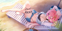 1girl alternate_costume barefoot beach_chair breasts changli_(wuthering_waves) cleavage closed_mouth commentary denim denim_shorts feet hair_ornament highres large_breasts looking_at_viewer lying navel on_back one_eye_closed pink-tinted_eyewear pink_hair shirt shorts smile solo stomach straykat sunglasses tied_shirt tinted_eyewear toes white_shirt wuthering_waves yellow_eyes