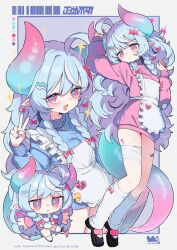 Rule 34 | 1girl, :d, :o, apron, bandaged leg, bandages, black shoes, blue hair, blue horns, blue jacket, blush, border, bow, braid, chibi, commentary, frilled apron, frills, full body, gradient horns, hair bow, highres, horns, jacket, jersey maid, long hair, long sleeves, looking at viewer, maid, multicolored horns, multiple views, open mouth, original, outline, outside border, parted lips, pink horns, pink jacket, pink skirt, saebashi, shoes, skirt, smile, socks, symbol-only commentary, tail, track jacket, twin braids, unconventional maid, watermark, white apron, white border, white outline, white socks