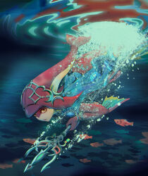 1girl arm_fins colored_skin diving fins fish fish_girl googerm head_fins headpiece highres mipha multicolored_skin nintendo polearm red_skin slit_pupils solo the_legend_of_zelda the_legend_of_zelda:_breath_of_the_wild toga trident two-tone_skin underwater weapon white_skin yellow_eyes zora