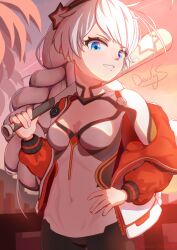 1girl :d absurdres ahoge baseball_bat blue_eyes bodysuit braid breasts city cleavage cleavage_cutout clothing_cutout commentary devolays english_commentary grin hand_on_own_hip highres holding holding_baseball_bat honkai_(series) honkai_impact_3rd jacket kiana_kaslana kiana_kaslana_(white_comet) long_hair long_sleeves looking_at_viewer medium_breasts open_mouth outdoors smile solo sunset tareme teeth twin_braids white_bodysuit white_hair white_jacket