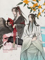 2boys ahoge animal animal_on_lap black_boots black_eyes black_hair black_hanfu black_rabbit_(animal) boots branch chinese_clothes closed_mouth falling_petals flower flute flute_tassel guqin hair_ribbon hanfu headband high_ponytail highres holding holding_animal holding_jar holding_rabbit inset instrument invisible_chair jar knee_up lan_wangji leaf long_hair long_sleeves looking_at_another looking_at_viewer male_focus modao_zushi multiple_boys on_lap petals ponytail rabbit red_ribbon red_sash ribbon robe sash sidelocks sitting smile tassel topknot twitter_username w2biiro wei_wuxian white_hanfu white_headband white_rabbit_(animal) wide_sleeves xiao_guan_(headdress) yellow_eyes yellow_flower