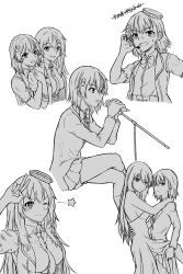 2girls between_breasts bow bowtie breasts crossed_legs dancing dress flower formal_clothes greyscale hair_flower hair_ornament hand_on_headset highres holding holding_microphone_stand hug hug_from_behind idol large_breasts long_hair microphone_stand misaka_mikoto monochrome multiple_girls multiple_views necktie necktie_between_breasts shokuhou_misaki shorts shorts_under_skirt sparkling_eyes star_(symbol) suit sweatdrop toaru_kagaku_no_railgun toaru_majutsu_no_index yakult1124 yuri
