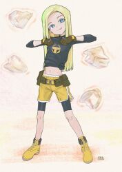 1girl artist_name belt bike_shorts bike_shorts_under_shorts black_shirt blonde_hair blue_eyes blush brown_gloves cerealxs commentary english_commentary floating floating_rock full_body gloves head_tilt highres levitation long_hair looking_at_viewer midriff navel rock shirt shoes shorts solo standing teen_titans_(tv_series) terra_(dc) tied_shirt traditional_media utility_belt yellow_shoes yellow_shorts
