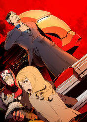 Rule 34 | 10s, 3boys, animification, armor, bad id, bad pixiv id, barnaby brooks jr., beard, blonde hair, brown eyes, brown hair, carrying, crossover, domino mask, facial hair, formal clothes, fusion, green eyes, highres, injury, iron man, jacket, kaburagi t. kotetsu, karina lyle, look-alike, male focus, marvel, mask, multiple boys, mustache, name connection, nanako m, power armor, power suit, robert (tiger &amp; bunny), robert downey jr., school uniform, stubble, suit, superhero costume, tiger &amp; bunny, tony stark