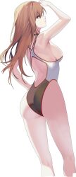 Rule 34 | 1girl, ass, back, black one-piece swimsuit, brown eyes, brown hair, closed mouth, expressionless, gluteal fold, goddess of victory: nikke, highleg, highleg one-piece swimsuit, highres, long hair, looking up, official alternate costume, official art, one-piece swimsuit, rapi (classic vacation) (nikke), rapi (nikke), solo, swept bangs, swimsuit, transparent background, v-shaped eyebrows, wide hips, xurvy