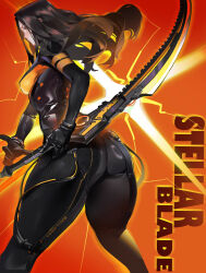 1girl absurdres black_gloves breasts brown_eyes brown_hair female_focus gloves highres holding holding_sword holding_weapon korean_(nationality) lfpwrk0vlocrzl4 light_blush long_hair medium_breasts skin_tight stellar_blade sword tachy_(stellar_blade) weapon