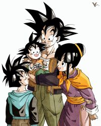 1girl 3boys black_hair black_jacket blue_jacket brothers brown_jacket chi-chi_(dragon_ball) child dragon_ball dragonball_z family father_and_son green_pants highres jacket kakeru_(dbskakeru) looking_at_another mother_and_son multicolored_jacket multiple_boys open_clothes open_jacket open_mouth orange_shawl pants purple_tunic shawl shirt siblings simple_background son_gohan son_goku son_goten spiked_hair toriyama_akira_(style) tunic two-tone_jacket white_background white_shirt