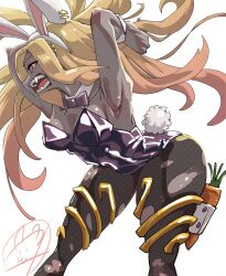 1girl adversarial_noise animal_ears armpits bare_shoulders blonde_hair bow bowtie carrot dark-skinned_female dark_skin ear_piercing earrings gravity_daze gravity_daze_2 highres jewelry kitten_(gravity_daze) leotard long_hair looking_at_viewer piercing playboy_bunny pungter rabbit_ears rabbit_tail red_eyes scarf simple_background solo strapless tail teeth white_background wrist_cuffs