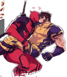 2boys arm_hair bara beard bodysuit boots brown_hair closed_eyes commentary_request couple deadpool deadpool_&amp;_wolverine deadpool_(series) facial_hair gloves heart imminent_kiss katana male_focus marvel marvel_cinematic_universe multiple_boys muscular muscular_male open_mouth pectorals ppoooooolvrmm red_bodysuit red_mask short_hair sword sword_on_back two-tone_bodysuit weapon weapon_on_back wolverine_(x-men) x-men yaoi yellow_bodysuit