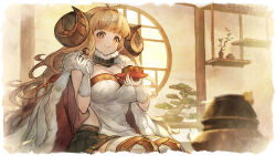 1girl absurdres ahoge anila_(granblue_fantasy) arm_up black_skirt blunt_bangs bonsai breasts chewing cleavage cloak cowboy_shot curly_hair draph eating flower food fork fur-trimmed_collar fur-trimmed_jacket fur_trim gloves granblue_fantasy granblue_fantasy_versus:_rising highres holding holding_fork horns huge_breasts jacket knee_pads long_hair looking_at_food meat messy_hair minaba_hideo official_art orange_eyes pink_flower pink_rose plant pleated_skirt potted_plant rose sheep_horns sitting skirt smile solo sparkling_eyes thighhighs third-party_source very_long_hair white_cloak white_gloves white_thighhighs