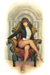 1girl artist_name black_hair bow bowtie cropped_jacket crossed_legs dc_comics earrings fishnet_pantyhose fishnets frilled_shirt frills gloves high_heels homare_(fool&#039;s_art) jewelry leotard light_smile long_hair looking_at_viewer on_chair pantyhose shirt signature sitting smile solo white_bow white_bowtie white_gloves zatanna_zatara