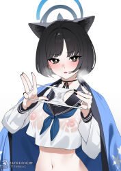 1girl animal_ears ascot black_hair black_halo black_nails blue_archive blue_ascot blue_halo blush breasts breath cat&#039;s_cradle cat_ears cat_girl covered_erect_nipples ett halo haori highres holding holding_panties holding_underwear holding_unworn_clothes japanese_clothes kikyou_(blue_archive) large_breasts navel neck_ribbon no_bra panties pussy_juice pussy_juice_stain ribbon school_uniform serafuku shirt solo stained_panties underwear wet wet_clothes wet_shirt white_background