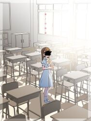 Rule 34 | 1girl, border, braid, brown hair, censored, censored identity, center-flap bangs, chair, classroom, commentary request, desk, dress, full body, hasu no sora school uniform, highres, horror (theme), indoors, kachimachi kosuzu, kanduki kamibukuro, link! like! love live!, long hair, love live!, medium dress, neckerchief, own hands together, pleated dress, puffy short sleeves, puffy sleeves, sailor collar, school chair, school desk, school uniform, scribble censor, shoes, short sleeves, side braids, socks, solo, standing, summer uniform, translated, transparent border, uwabaki, virtual youtuber, white dress, white sailor collar, white socks, window, yellow neckerchief