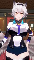 1girl breasts brown_wings feathered_wings front-to-back grey_wings highres indie_virtual_youtuber kayamori_emma koikatsu koikatsu_(medium) koiking large_breasts long_hair looking_at_viewer low_wings nekojima short_hair smile solo stealth_sex virtual_youtuber white_hair wings yellow_eyes