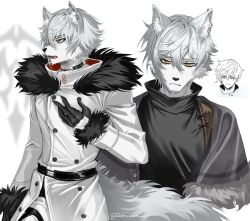 1boy absurdres animal_ears black_gloves black_shirt closed_mouth commentary_request ear_piercing fate/grand_order fate_(series) fur-trimmed_jacket fur_trim furrification furry furry_male gloves highres jacket kadoc_zemlupus looking_at_viewer looking_to_the_side male_focus multiple_views muneomon_(takomon) open_mouth piercing shirt white_background white_fur white_hair white_jacket wolf_boy wolf_ears yellow_eyes
