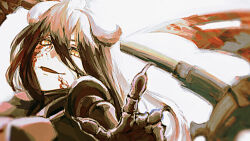 1girl albedo_(overlord) armor axe battle_axe black_armor black_hair blood blood_on_clothes blood_on_face demon_girl demon_horns halberd hermes_trismegistus_(overlord) holding holding_axe holding_weapon horns looking_at_viewer overlord_(maruyama) polearm shikiro1212 solo weapon