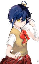 Rule 34 | 1girl, ahoge, aqua eyes, bandaged arm, bandages, bow, bowtie, chuunibyou demo koi ga shitai!, collared shirt, cowboy shot, eyepatch, gunu (nyzn3223), hair ribbon, hand up, heterochromia, highres, holding eyepatch, icho private high school uniform, looking at viewer, medical eyepatch, one side up, parted lips, plaid clothes, plaid skirt, pleated skirt, red bow, red bowtie, red skirt, ribbon, school uniform, shirt, short hair, short sleeves, signature, simple background, skirt, solo, summer uniform, sweater vest, takanashi rikka, unworn eyepatch, white background, white shirt, yellow eyes, yellow ribbon, yellow sweater vest