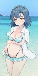 1girl absurdres applying_manicure arm_under_breasts belly bikini bikini_skirt blue_bikini blue_hair breasts cleavage eyelashes floral_print_bikini furrowed_brow green_eyes groin highleg highleg_bikini highres idolmaster idolmaster_million_live! kuragezakana looking_at_viewer medium_breasts nail_polish nanao_yuriko ocean open_clothes open_shirt shirt shy solo swimsuit white_shirt