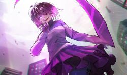 1girl bete_noire black_sclera breasts brown_hair city colored_sclera commission foskosa glitchtale glowing glowing_eye hair_over_eyes hand_to_own_mouth highres jacket medium_breasts multicolored_hair pink_eyes pink_hair pink_jacket pink_skirt scythe short_hair skirt undertale weapon