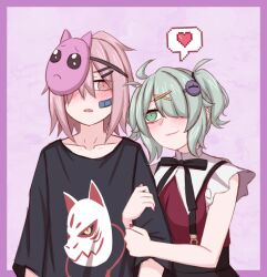Rule 34 | 1boy, 1girl, alternate costume, ame-chan (needy girl overdose), ame-chan (needy girl overdose) (cosplay), arm hug, bandaid, bandaid on face, black ribbon, black shirt, black skirt, blush, collarbone, collared shirt, cosplay, eye hair ornament, fox mask, frown, genderswap, genderswap (ftm), green eyes, green hair, hair ornament, hair over eyes, hata no kokoro, heart, hetero, kiryuu soma, komeiji koishi, looking at another, mask, mask on head, neck ribbon, needy girl overdose, pink eyes, pink hair, red shirt, ribbon, shirt, skirt, smile, spoken heart, suspenders, touhou, wavy mouth