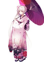 1girl ahoge blush closed_mouth floral_print full_body grey_hair highres holding holding_umbrella japanese_clothes kasugano_sora kimono long_hair looking_at_viewer obi oil-paper_umbrella pink_kimono red_eyes sandals sash side_ponytail simple_background solo standing suwakana umbrella very_long_hair white_background wide_sleeves yosuga_no_sora zouri