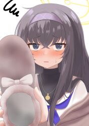 1girl absurdres bell_(bell_krnfakh) black_hair black_undershirt blue_archive blue_eyes blue_neckerchief blush crossed_bangs embarrassed eyelashes footprints hair_between_eyes hairband halo hand_up highres holding jewelry looking_at_viewer neckerchief necklace purple_hairband school_uniform sidelocks simple_background slippers smell solo sweatdrop ui_(blue_archive) unworn_slippers upper_body white_background