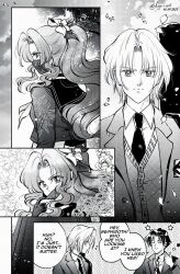 1girl 2boys aerith_gainsborough aerith_gainsborough_(midgard_seventh_high_school) angeal_hewley angeal_hewley_(shinra_private_academy) black_gloves black_hair black_mask black_necktie black_sailor_collar breasts cardigan closed_eyes collared_shirt crop_top dated falling_petals final_fantasy final_fantasy_vii final_fantasy_vii_ever_crisis flower furrowed_brow gloves grey_jacket grey_shirt greyscale hair_flower hair_ornament hair_ribbon highres jacket kay-i mask mask_pull medium_breasts midriff monochrome mouth_mask multiple_boys necktie official_alternate_costume parted_bangs parted_lips petals ponytail retro_artstyle ribbon sailor_collar school_uniform screentones sephiroth sephiroth_(ever_crisis) sephiroth_(shinra_private_academy) shirt short_hair sidelocks smile suit_jacket twitter_username white_shirt