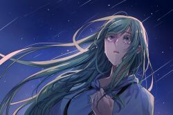 Rule 34 | 1boy, commentary request, crying, enkidu (fate), fate/grand order, fate (series), green hair, kassia, kingu (fate), korean commentary, long hair, male focus, parted lips, portrait, purple eyes, robe, shooting star, sky, solo, star (sky), starry sky, streaming tears, tears, white robe