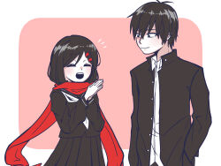 1boy 1girl black_eyes black_hair black_jacket black_sailor_collar black_serafuku black_shirt border buttons closed_eyes closed_mouth collared_shirt commentary couple enpera facing_ahead gakuran hair_between_eyes hair_ornament hairclip hand_in_pocket highres jacket kagerou_project kisaragi_shintarou limited_palette long_sleeves looking_at_another m_aoiro_daisuki neckerchief open_mouth outside_border pink_background red_scarf rounded_corners sailor_collar scarf school_uniform serafuku shirt short_hair simple_background tateyama_ayano teeth unbuttoned upper_body upper_teeth_only white_border white_neckerchief white_shirt winter_uniform