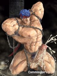 Rule 34 | 1boy, 3d, abs, alternate muscle size, armpit hair, armpits, arms behind head, artist name, bara, blue eyes, blue hair, bound, chain, chained, commission, completely nude, cum, cum on body, cum on penis, doosoo, ejaculation, erection, fire emblem, fire emblem: radiant dawn, handsfree ejaculation, highres, huge pectorals, huge penis, ike (fire emblem), kneeling, male focus, male pubic hair, muscular, muscular male, nintendo, nipples, nude, pectorals, penis, pubic hair, restrained, short hair, solo, testicles, thick thighs, thighs, twitter username