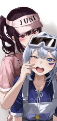 2girls absurdres blue_eyes blue_shirt brown_hair cheek_pinching commentary facepaint goggles goggles_on_head gosegu grey_hair hair_between_eyes highres hood hood_down hooded_shirt jururu long_hair looking_at_another looking_at_viewer multiple_girls open_mouth ori_(0rizuru) overalls pinching pink_headwear pink_shirt purple_eyes shirt short_sleeves side_ponytail simple_background smile teeth upper_teeth_only virtual_youtuber visor_cap waktaverse white_background