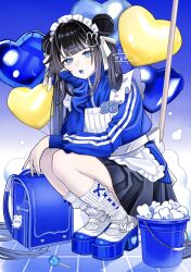 1girl apron arm_on_thigh backpack bag balloon black_hair black_skirt blue_bag blue_boots blue_eyes blue_nails blue_sweater blue_theme blue_tongue blunt_bangs blush boots bucket candy colored_tongue commentary double_bun food frilled_apron frills full_body gradient_background hair_bun hair_ornament hair_ribbon hairclip hand_on_own_face head_rest headdress heart_balloon highres jacket lollipop long_hair long_sleeves looking_at_viewer maid_headdress mop open_mouth original pleated_skirt randoseru ribbon sakuma_kou sharp_teeth skirt socks solo squatting sweater teeth track_jacket turtleneck turtleneck_sweater very_long_hair white_apron zipper