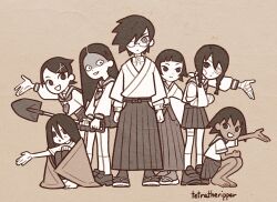 1boy 6+girls :d arm_sling arm_up bandage_on_thigh bandage_over_one_eye bandages black_hair black_socks blunt_bangs commentary cross_hair_ornament dark-skinned_female dark_skin english_text eyepatch faux_traditional_media frilled_kimono frills full_body fuura_kafuka geta glasses hair_between_eyes hair_ornament hair_over_one_eye hakama highres holding holding_shovel itoshiki_nozomu japanese_clothes kimono kitsu_chiri kobushi_abiru komori_kiri long_hair monochrome multiple_girls open_mouth paper_texture parted_hair sayonara_zetsubou_sensei school_uniform sekiutsu_maria_tarou sepia serafuku shaded_face shirt short_hair shosei shovel skirt smile socks squatting standing t-shirt teacher_and_student tetra_(tetratheripper) tsunetsuki_matoi watermark white_socks wrapped_in_blanket