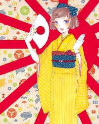 1girl 922pochan belt black_nails blush bow brooch brown_hair commentary feet_out_of_frame flag_print flower_brooch gloves hair_bow hand_fan hands_up holding holding_fan japanese_clothes japanese_flag japanese_flag_print jewelry jpeg_artifacts kimono looking_at_viewer masking_tape_(medium) mixed_media multiple_hair_bows open_mouth original pink_bow purple_belt purple_bow purple_eyes red_belt red_bow rising_sun_flag short_hair single_glove solo standing sunburst swept_bangs traditional_media unconventional_media white_gloves wide_sleeves yellow_kimono