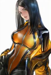 Rule 34 | 1girl, black hair, bodysuit, breasts, brown eyes, hand on own hip, highres, long hair, looking at viewer, off-shoulder jacket, off shoulder, parted bangs, shiny clothes, skin tight, smile, solo, stellar blade, tachy (stellar blade), two-tone bodysuit, very long hair, white background, yellow bodysuit, zipper