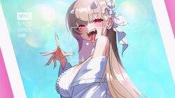 1girl absurdres bare_shoulders bikini blue_background blush breasts cleavage day goddess_of_victory:_nikke grapeanime highres horns large_breasts long_hair looking_at_viewer official_alternate_costume open_mouth pink_eyes red_eyes sky smile solo swimsuit viper_(nikke) viper_(shine_of_love)_(nikke)