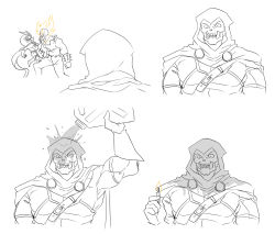 3boys cape comic crossover fire flaming_skull gas_can gasoline ghost_rider ghost_rider_(series) greyscale highres hood jerry_can male_focus marvel marvel_vs._capcom marvel_vs._capcom_3 matches matsu-sensei monochrome multiple_boys muscular silent_comic skull taskmaster viewtiful_joe viewtiful_joe_(character)
