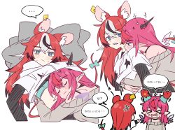 &gt;_&lt; animal_ears black_hair blue_eyes blush bra hair_ornament hakos_baelz highres hololive hololive_english horns hug irys_(hololive) long_hair mouse_ears mouse_girl mouse_tail mr._squeaks_(hakos_baelz) multicolored_hair multiple_girls off-shoulder_sweater off_shoulder pillow pointy_ears ramphastostella red_hair shirt streaked_hair sweater tail tears torn_clothes translation_request underwear virtual_youtuber white_hair yuri