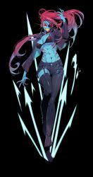 1girl abs alternate_costume asymmetrical_pants black_bra black_jacket blue_skin bra claws colored_sclera colored_skin colored_teeth commentary_request energy_spear eyepatch fingernails fins fish_girl full_body garter_straps gills head_fins highres jacket korean_commentary looking_at_viewer muscular muscular_female red_hair sharp_fingernails sharp_teeth simika25 single_detached_legging smile solo teeth undertale underwear undyne yellow_sclera yellow_teeth