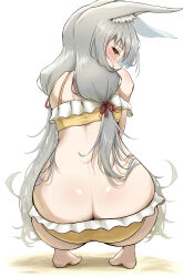 1girl absurdres animal_ears ass bikini blush butt_crack cat_ears frilled_bikini frills from_behind grey_hair highres long_hair low_twintails nia_(xenoblade) okazu2010015 solo squatting swimsuit twintails very_long_hair xenoblade_chronicles_(series) xenoblade_chronicles_2 yellow_bikini yellow_eyes