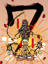 10s 1boy 1girl :3 armband bandaged_hand bandages behind_another bikini bikini_top_only black_hair blunt_bangs brown_background character_name closed_eyes countdown covered_mouth danganronpa_(series) danganronpa_v3:_killing_harmony dark_skin finger_to_mouth frilled_bikini frilled_skirt frills gakuran ganguro gyaru halo hat highres index_finger_raised indian_style jacket long_hair looking_at_viewer lotus_position low_twintails mask peaked_cap remireiha school_uniform shinguji_korekiyo silver_hair simple_background sitting skirt smile swimsuit twintails yellow_eyes yellow_jacket yonaga_angie zipper