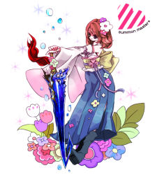 00s 1girl blue_hakama brown_hair female_focus final_fantasy final_fantasy_x flower fraternity full_body hakama hakama_skirt japanese_clothes rinako rinako_(rococo) short_hair skirt solo sword weapon yuna yuna_(ff10)