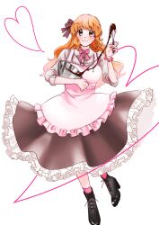 1girl :3 absurdres apron black_boots blush boots bowl bracelet chocolate chocolate_making closed_mouth dress full_body hair_ribbon heart heart_bracelet highres hogehogemoji06 holding holding_bowl holding_whisk idolmaster idolmaster_cinderella_girls jewelry long_hair looking_at_viewer moroboshi_kirari orange_eyes orange_hair pink_apron pink_socks ribbon simple_background smile socks solo standing whisk white_background