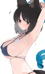 1girl absurdres animal_ear_fluff animal_ears armpits arms_behind_head arms_up black_eyes black_hair black_nails blue_archive blue_halo breasts cat_ears cat_girl cat_tail closed_mouth halo highres kikyou_(blue_archive) kikyou_(swimsuit)_(blue_archive) large_breasts mikozin multiple_tails nail_polish nekomata official_alternate_costume paid_reward_available short_hair simple_background solo_focus tail two_tails white_background